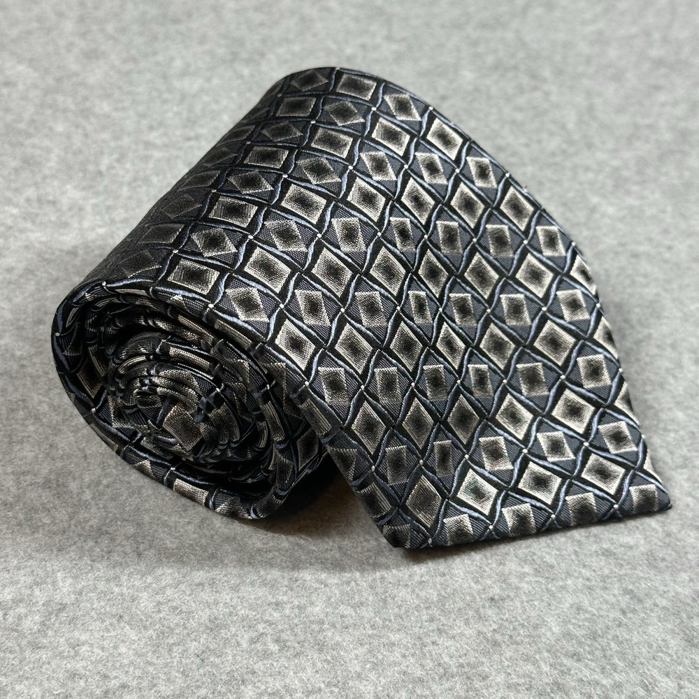 Joseph & Feiss Mens 100% Silk Geometric Neck Tie Black Gray Blue Classic 57x4in
